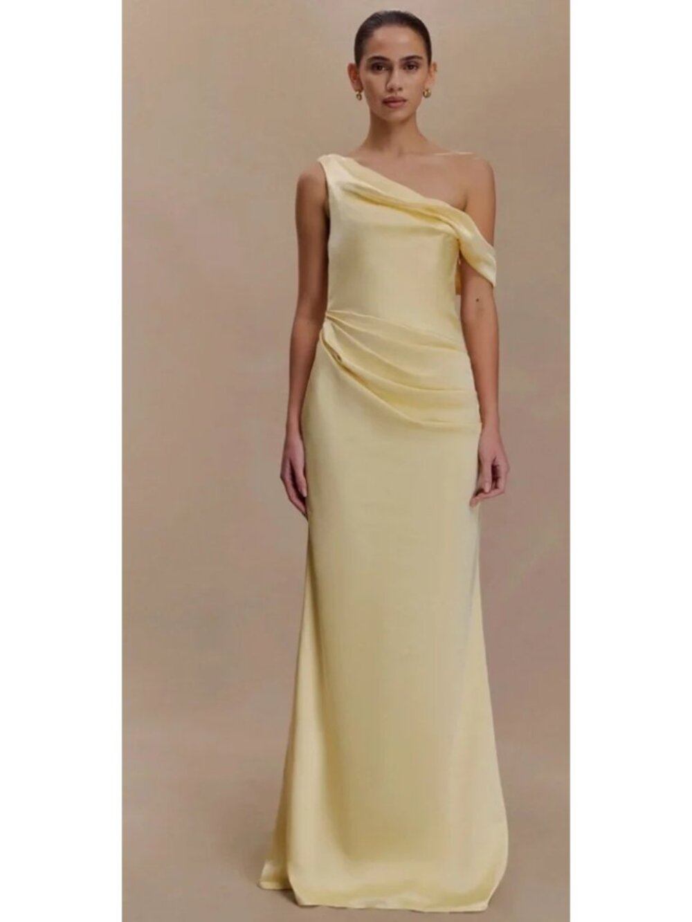 NWT MESHki Dalia Off Shoulder Satin Maxi Dress Lemon Ruched Wedding Size M